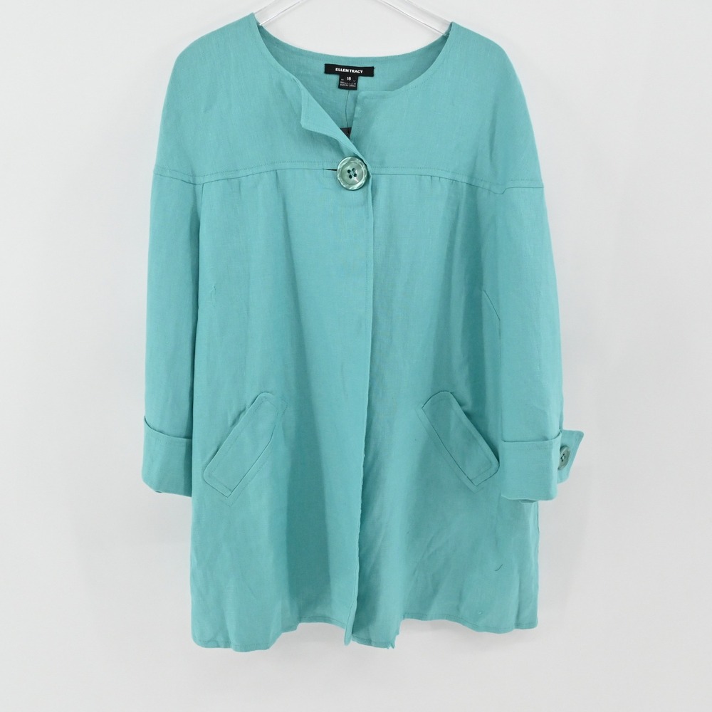 Ellen Tracy Linen Jacket Womens Size 18 Teal Collarless Single Button Pockets